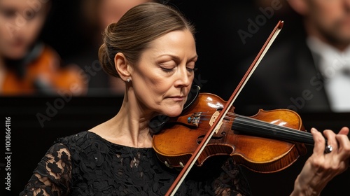 A skilled musician performing passionately on stage, showcasing her talent with the violin in an elegant concert setting.