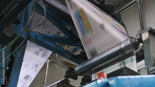 High-speed printing press machine in action, efficiently printing newspapers at a printing house. The machinery showcases the technology used in modern printing processes.