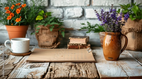 Rustic Table with Plants and Notebook