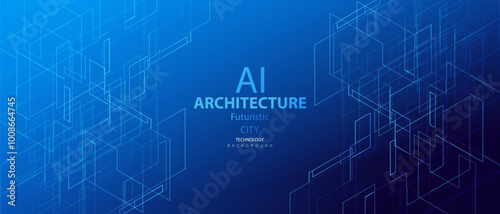 Architecture ai blue web banner. Innovation smart city technology background. Future urban architecture neon light buildings vector. Digital futuristic intelligence high tech town design banner.