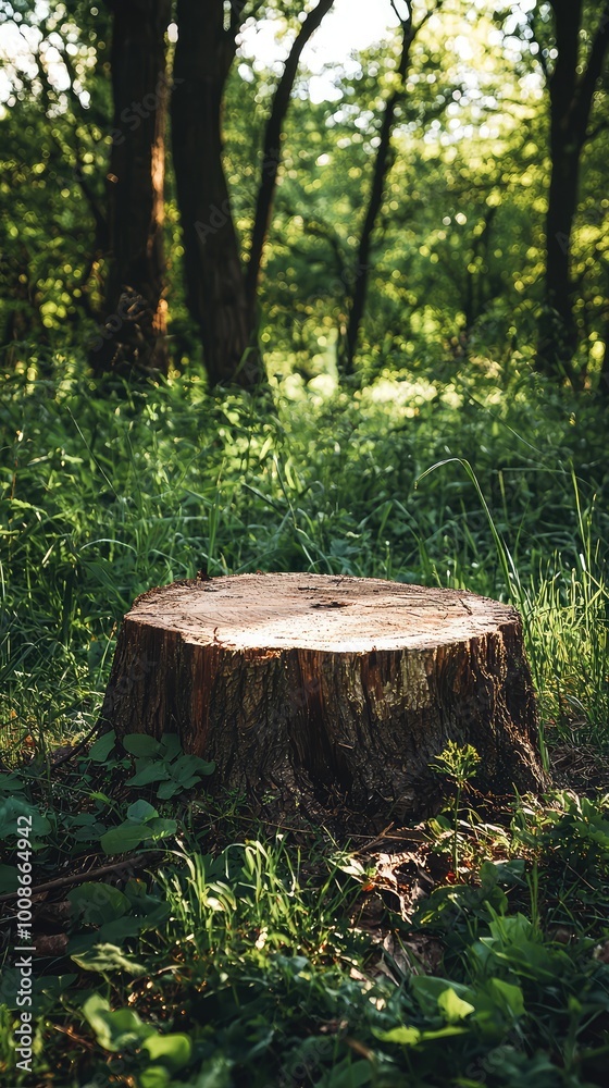 A serene scene featuring a tree stump surrounded by lush greenery in a tranquil forest setting, perfect for nature-themed projects. A serene scene featuring a tree stump surrounded by lush greenery in a tranquil forest setting, perfect for nature-themed projects.