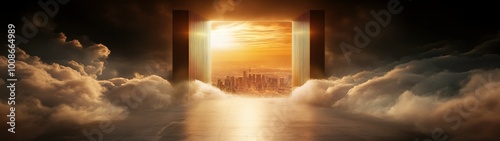A breathtaking view of shimmering golden gates opening to a radiant, cloud-filled sky illuminated by ethereal light, symbolizing the entrance to heaven, with a futuristic cityscape merging in the