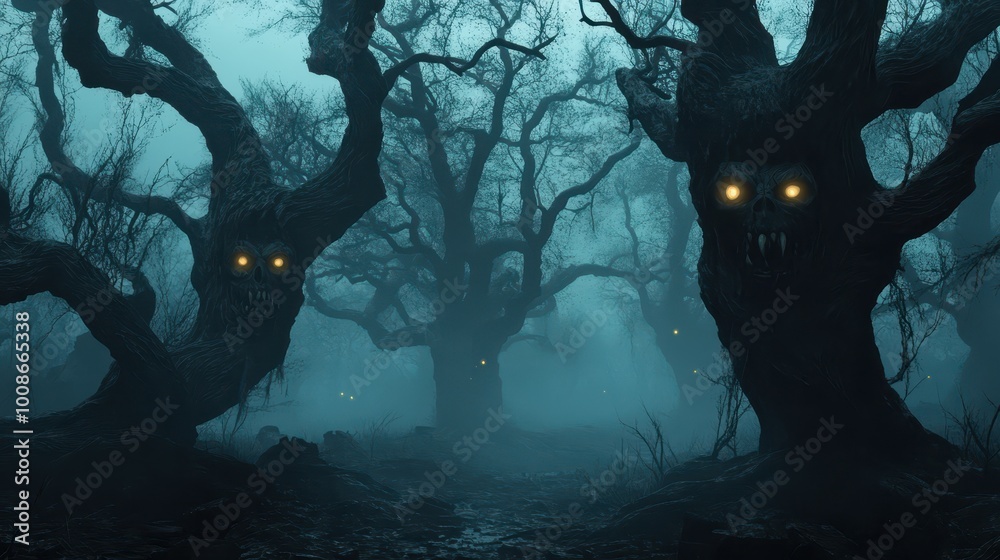 Enchanted Dark Forest with Glowing Eyes and Fireflies Enchanted Dark Forest with Glowing Eyes and Fireflies