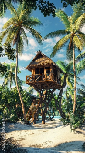 A serene treehouse nestled among tall palms, surrounded by lush greenery and sandy beach, perfect for escape and relaxation. photo