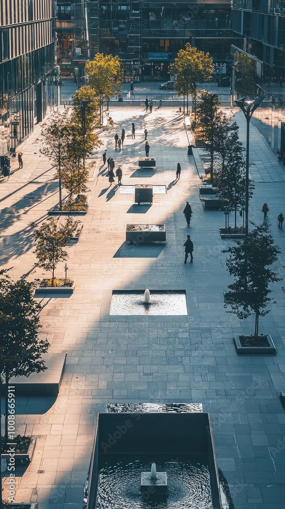 Fototapeta premium A serene urban landscape showcasing modern architecture, trees, and people enjoying a peaceful afternoon stroll.