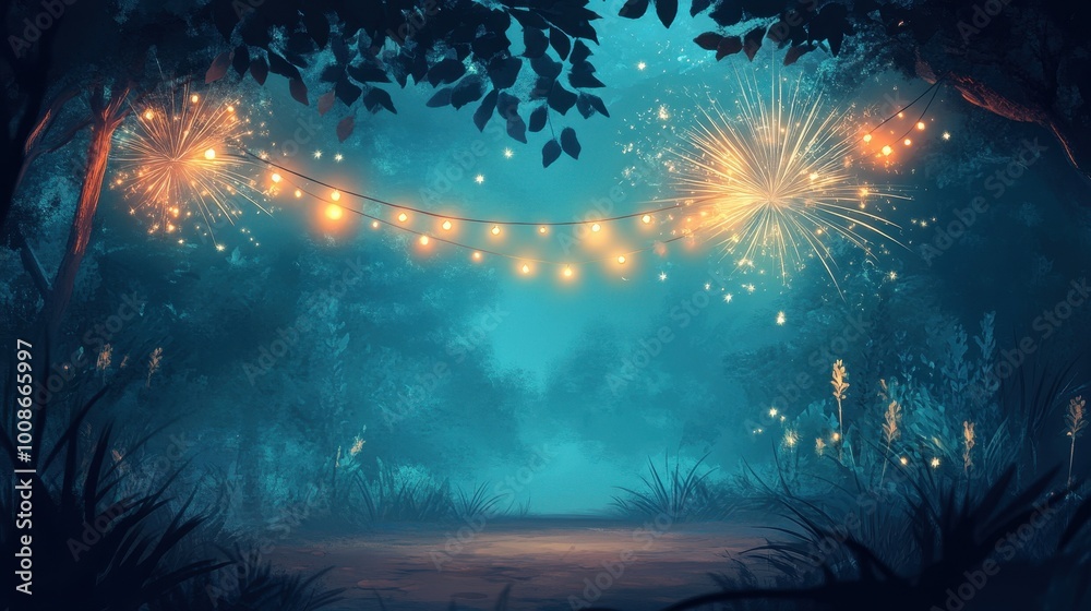 Enchanting Nighttime Forest with Sparkling Fireworks and Festive Lights Enchanting Nighttime Forest with Sparkling Fireworks and Festive Lights