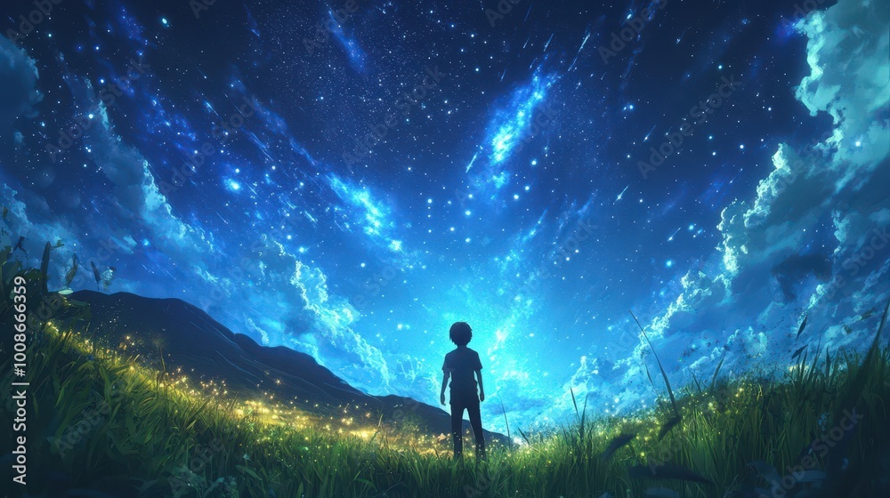 A child gazes at a breathtaking starry sky, surrounded by nature's beauty, evoking a sense of wonder and exploration. A child gazes at a breathtaking starry sky, surrounded by nature's beauty, evoking a sense of wonder and exploration.
