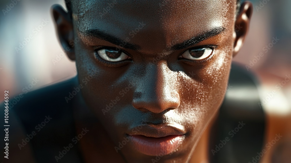 A close-up portrait of an intense athlete focusing before a competition, showcasing determination and strength. A close-up portrait of an intense athlete focusing before a competition, showcasing determination and strength.