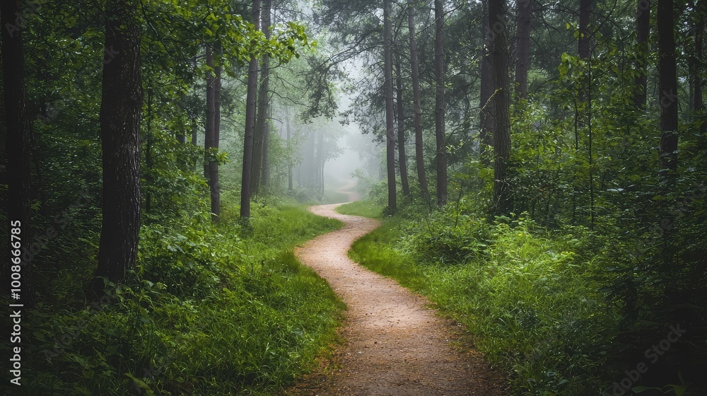 A serene winding path through a lush green forest, surrounded by towering trees and soft mist, inviting peaceful exploration.