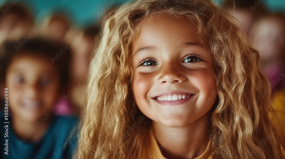 A joyful, smiling young girl with long, wavy hair sits in a classroom, surrounded by classmates, radiating happiness and positivity in an educational setting. A joyful, smiling young girl with long, wavy hair sits in a classroom, surrounded by classmates, radiating happiness and positivity in an educational setting.