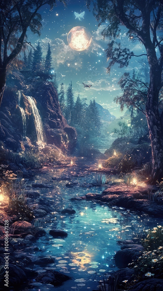 Obraz premium A serene, enchanting landscape featuring a tranquil waterfall, illuminated by moonlight and surrounded by a lush forest and sparkling water.