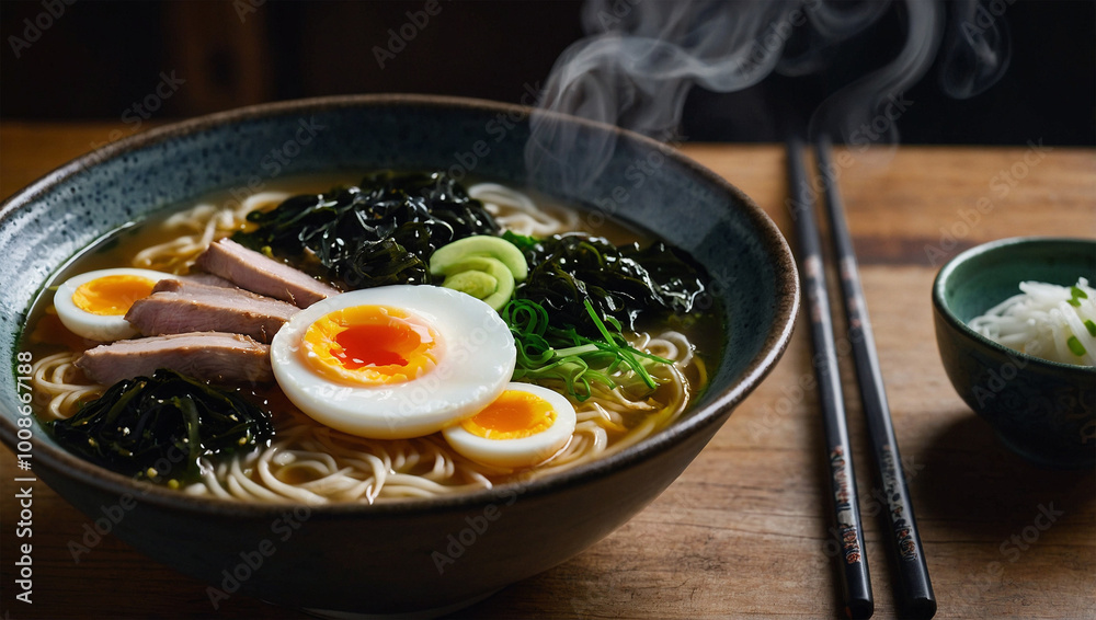 Hot bowl of ramen with sliced pork, seaweed, and a soft-boiled egg, with steam swirling above the broth. Hot bowl of ramen with sliced pork, seaweed, and a soft-boiled egg, with steam swirling above the broth.