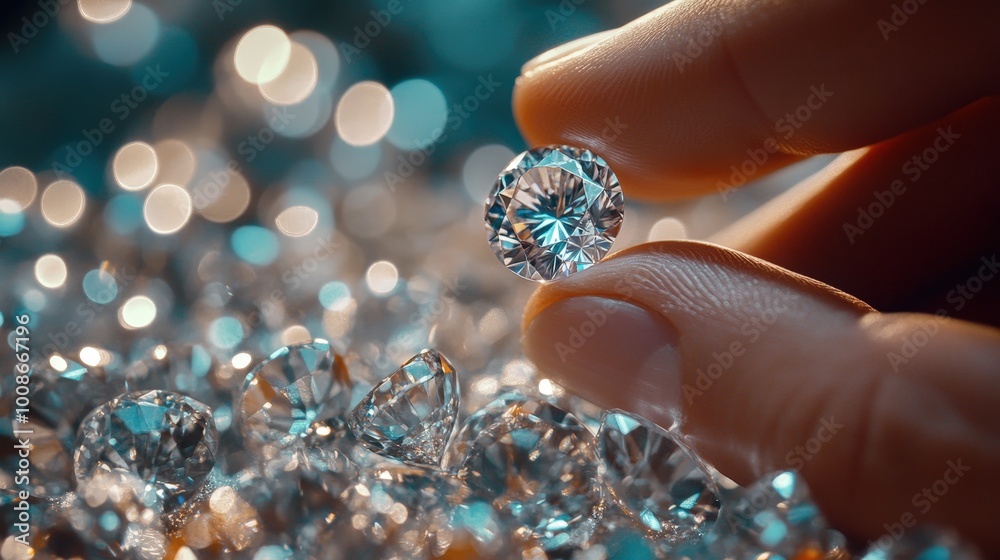A hand holding a sparkling diamond, surrounded by a multitude of shimmering stones, showcasing elegance and luxury.