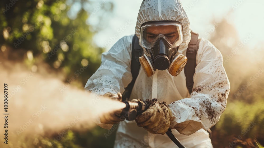 Fototapeta premium The image showcases an individual using protective gear, spraying a substance outdoor field, with clear blue skies, under warm daylight emphasizing safety measures.