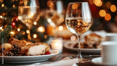 Wine glasses on a dining table surrounded by festive bokeh and decor, creating an intimate and celebratory ambiance perfect for special gatherings and holidays.