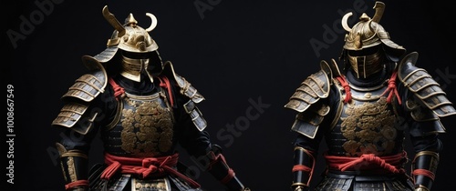 Two samurai warriors in ornate armor represent honor and tradition, ideal for cultural events or celebrations of Japanese heritage. photo