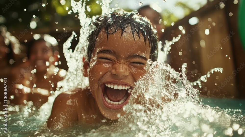 A joyful child laughing exuberantly as water splashes around, capturing the essence of carefree childhood fun and happiness, set in a sunny outdoor setting. A joyful child laughing exuberantly as water splashes around, capturing the essence of carefree childhood fun and happiness, set in a sunny outdoor setting.