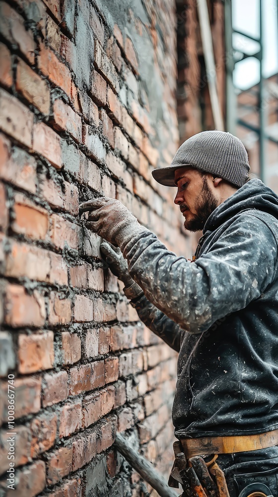 A skilled worker repairs a brick wall with precision, showcasing craftsmanship and dedication to construction in action. A skilled worker repairs a brick wall with precision, showcasing craftsmanship and dedication to construction in action.