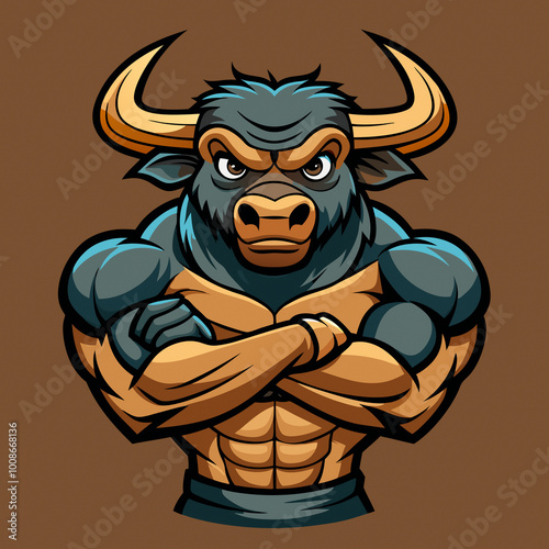 Powerful Angry Buffalo Mascot in Crossed-Arms Pose: Ideal Logo Design for Sports Teams and Fitness Brands