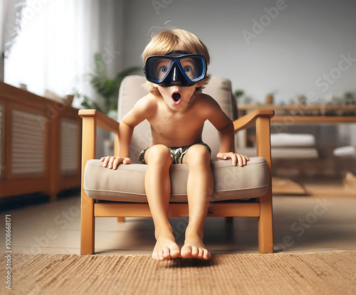kleiner Junge Kind in Badehose mit Taucherbrille sitzt auf Sessel in Wohnzimmer und schaut neugierig erstaunt Sommer Ferien Vorlage für Reise Angebote erstaunter Blick überrascht fasziniert Vorfreude