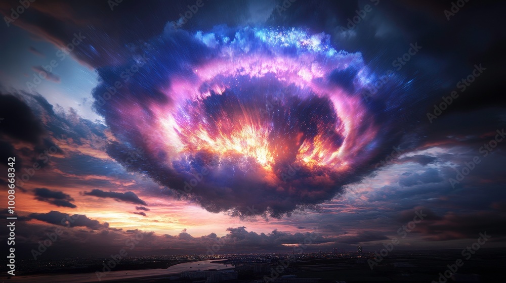 A dramatic landscape capturing a colossal explosion in the sky over a tranquil Japanese countryside, with vibrant clouds illuminated by a kaleidoscope of colors, and raindrops glistening as they fall. A dramatic landscape capturing a colossal explosion in the sky over a tranquil Japanese countryside, with vibrant clouds illuminated by a kaleidoscope of colors, and raindrops glistening as they fall.