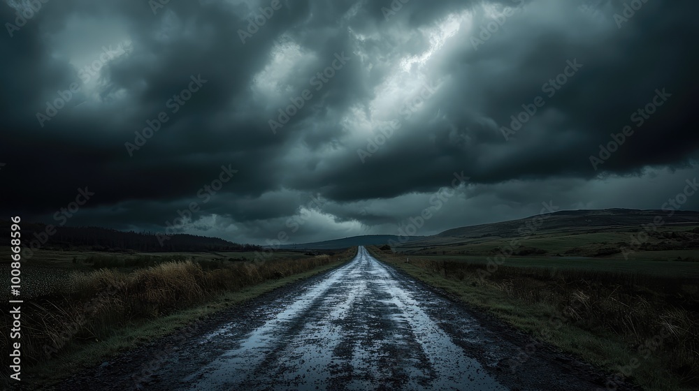 A solitary road stretches into the distance under a moody, stormy sky, reflecting the drama of nature and isolation.