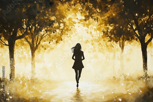 Silhouette of a woman walking through a golden forest