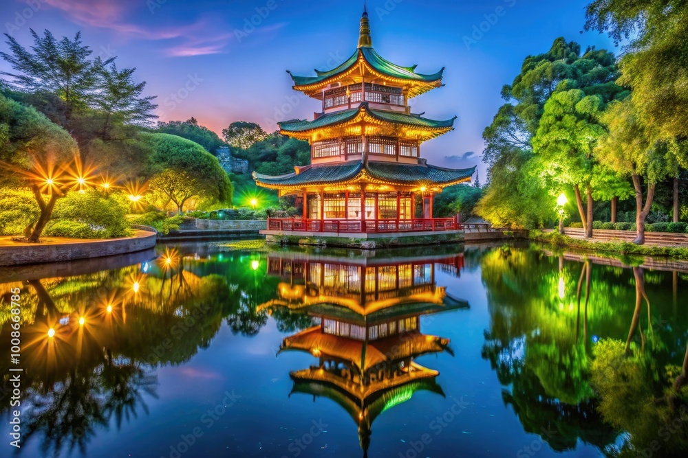 Serene Chinese Pagoda Architecture Surrounded by Lush Greenery and Tranquil Water Reflections Serene Chinese Pagoda Architecture Surrounded by Lush Greenery and Tranquil Water Reflections