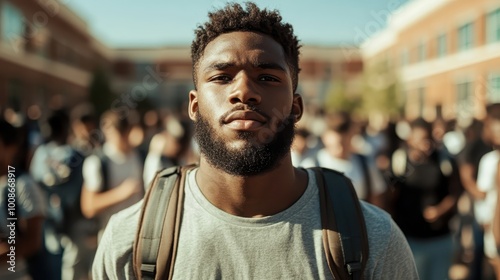 A focused young man with a backpack stands in the foreground, surrounded by people, representing individuality, determination, and urban life in a busy environment. photo