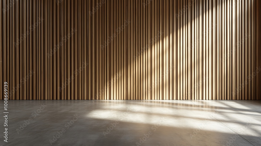 Wall with wood background. Panels with wood texture. Vertical slats in the interior design of an empty studio room. 3D architecture with window shadow overlay. Wall with wood background. Panels with wood texture. Vertical slats in the interior design of an empty studio room. 3D architecture with window shadow overlay.