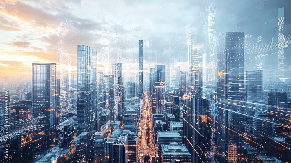 A stunning aerial view of a futuristic cityscape at sunset, showcasing tall buildings and a vibrant digital atmosphere.