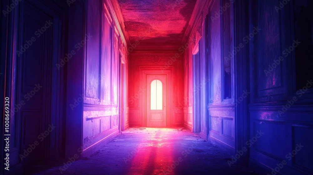 Fototapeta premium A stunning corridor illuminated by vibrant red and purple light, creating an ethereal atmosphere perfect for artistic projects.