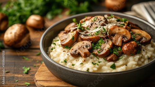 A mouth-watering bowl of creamy mushroom risotto topped with fresh parsley, showcasing the richness and comfort found in gourmet Italian cuisine. Savor every bite.