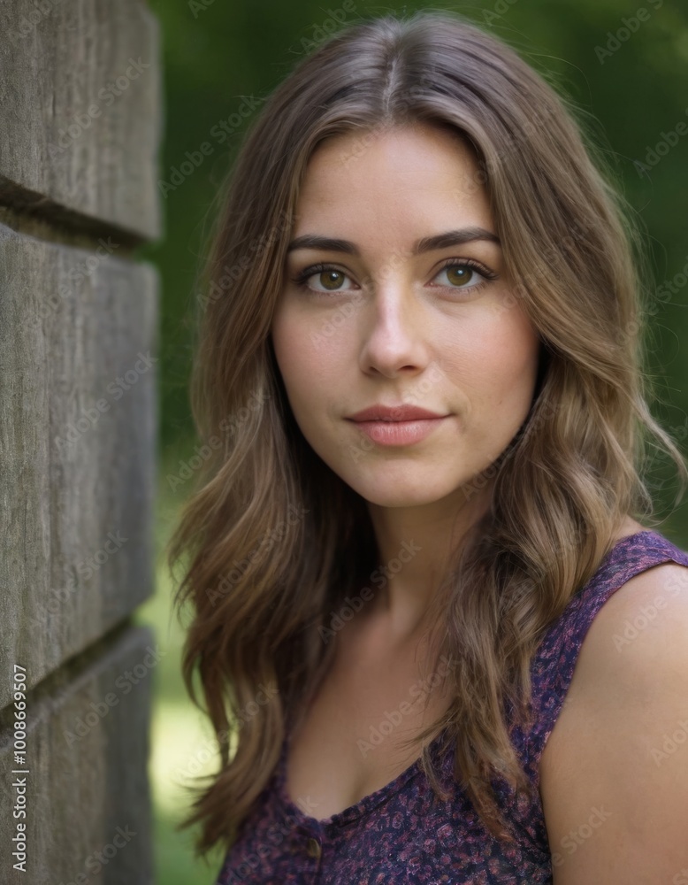 Fototapeta premium Young woman standing by stone wall