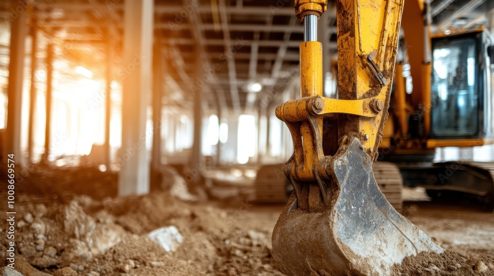 An excavator operates inside a skeletal structure of a future building, moving piles of earth. The image depicts the early stages of construction, promising future growth. An excavator operates inside a skeletal structure of a future building, moving piles of earth. The image depicts the early stages of construction, promising future growth.
