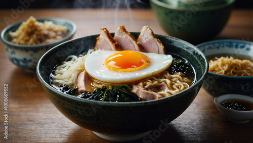 Hot bowl of ramen with sliced pork, seaweed, and a soft-boiled egg, with steam swirling above the broth.