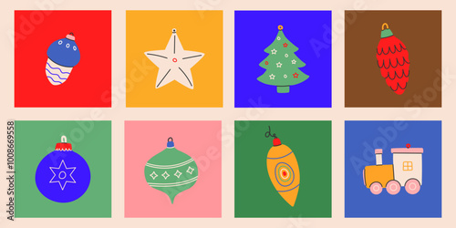 Set of vector Vintage christmas balls. Xmas ornaments isolated. December decoration designs in old retro style. Winter holiday adornment, tree decor, toys, ball.Vector illustration EPS 10