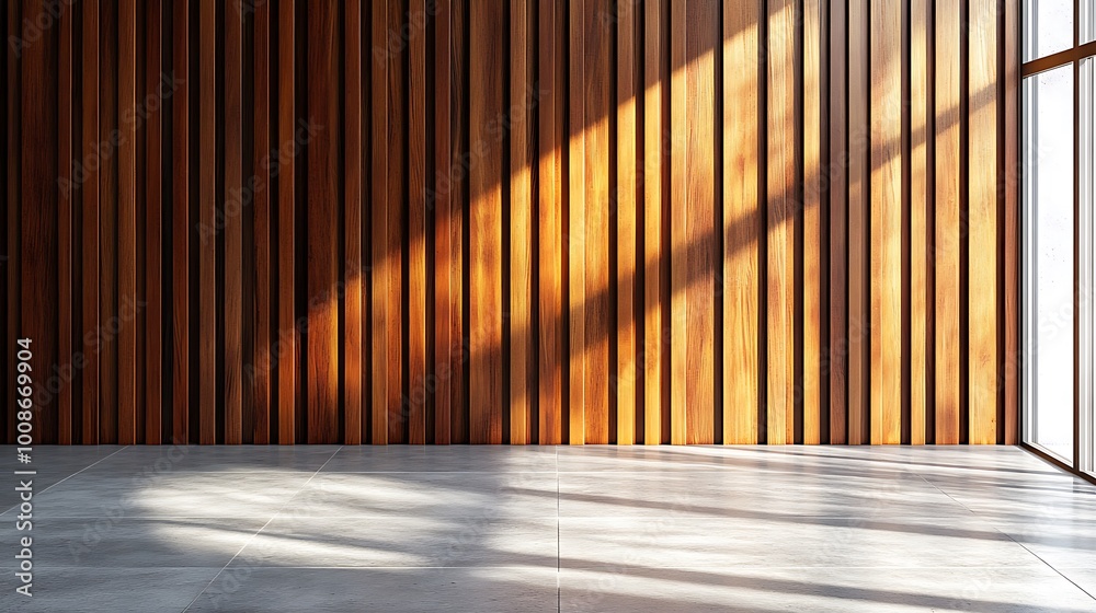 Wall with wood background. Panels with wood texture. Vertical slats in the interior design of an empty studio room. 3D architecture with window shadow overlay. Wall with wood background. Panels with wood texture. Vertical slats in the interior design of an empty studio room. 3D architecture with window shadow overlay.