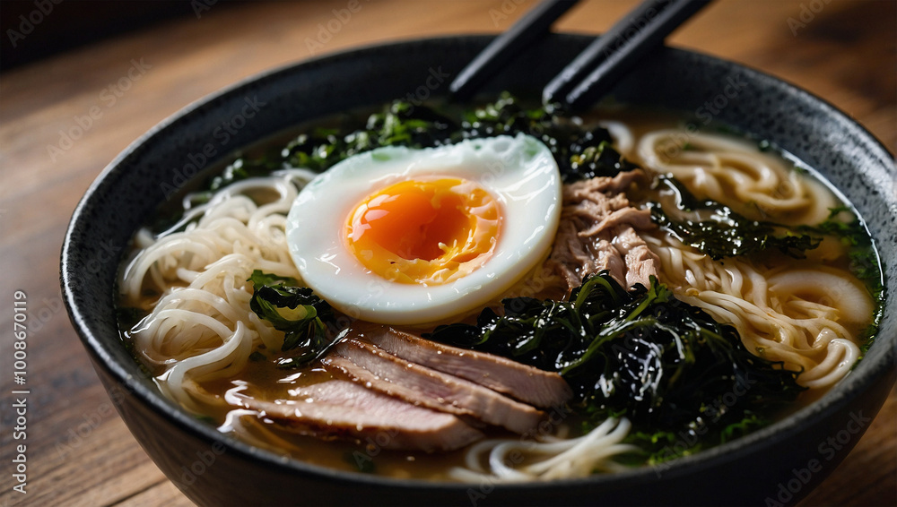 Hot bowl of ramen with sliced pork, seaweed, and a soft-boiled egg, with steam swirling above the broth. Hot bowl of ramen with sliced pork, seaweed, and a soft-boiled egg, with steam swirling above the broth.
