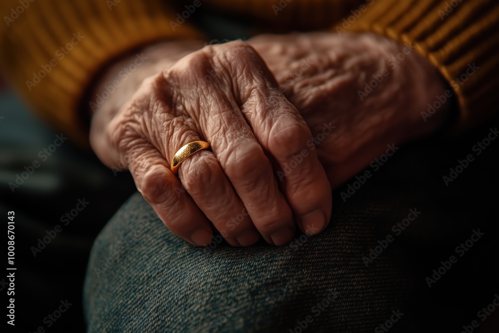 Fototapeta premium A close-up of an elderly man's wrinkled hand clutching a golden ring.