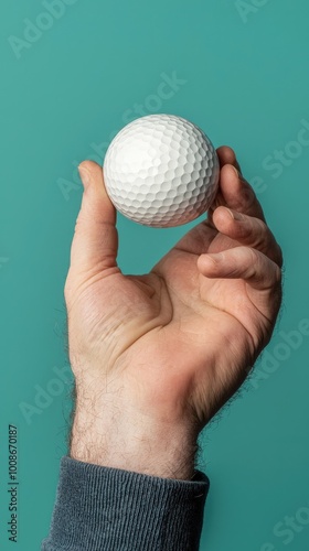 Close-up view of a hand holding a golf ball against a teal background, showcasing texture and grip. Ideal for sports and recreation themes.
