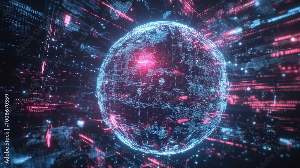 Obraz premium A vibrant digital globe surrounded by energetic data streams showcasing technology and connectivity in a futuristic setting.