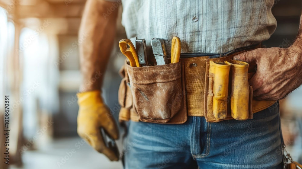 Fototapeta premium The scene illustrates a dedicated worker in a sunlit workshop, wearing gloves and a tool belt filled with essential tools, emphasizing focus and craftsmanship in manual labor.