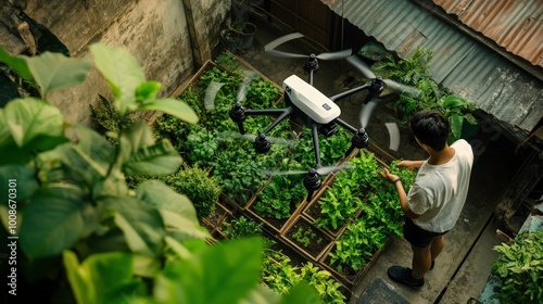 A community garden in an urban Bangkok neighborhood with residents growing their own food, drones assisting in maintenance, and children playing in smart outdoor spaces