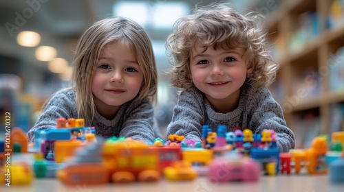 Joyful Kids Playing with Colorful Building Blocks Indoors