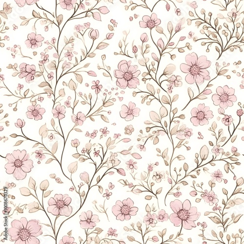 Watercolor Floral Pattern with Delicate Pink Flowers and Brown Branches on White Background