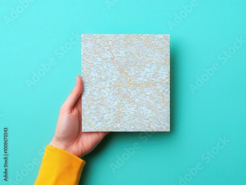 Hand holding square textured stone tile against turquoise background. Vibrant color contrast and minimalist design showcase material and texture.