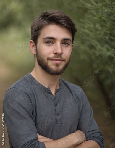 Man with beard standing in the forest