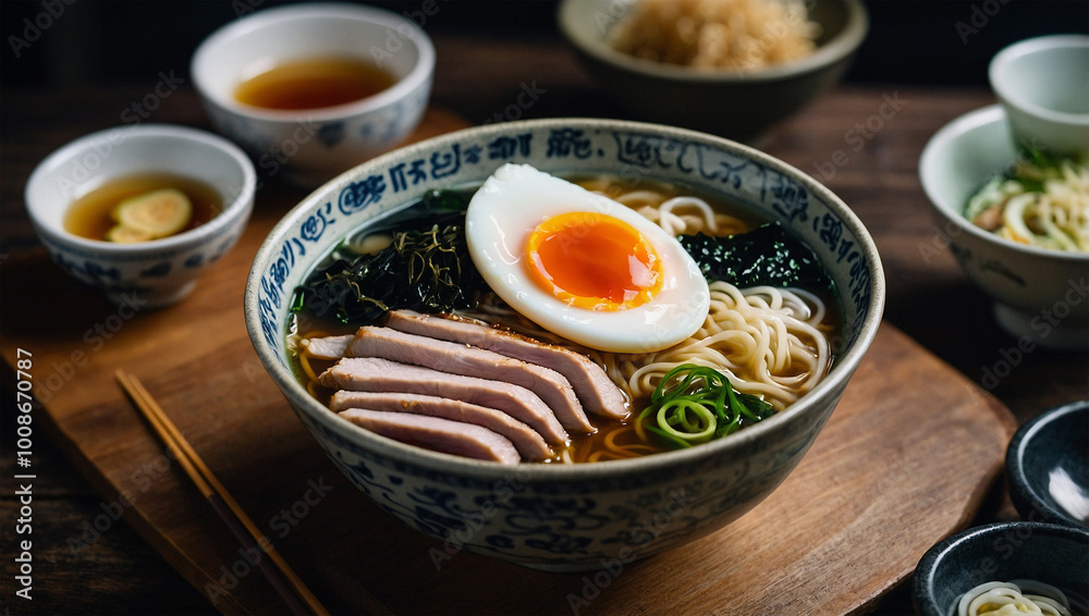 Hot bowl of ramen with sliced pork, seaweed, and a soft-boiled egg, with steam swirling above the broth. Hot bowl of ramen with sliced pork, seaweed, and a soft-boiled egg, with steam swirling above the broth.