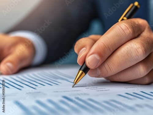 Close-up of a businessperson's hand with a pen analyzing financial charts on paper, reflecting concepts of finance and decision-making.